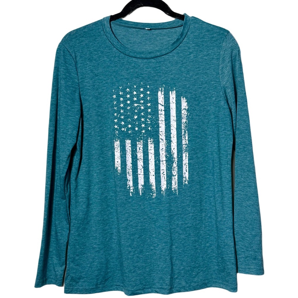 Teal Long Sleeve Women's Top with Flag Design